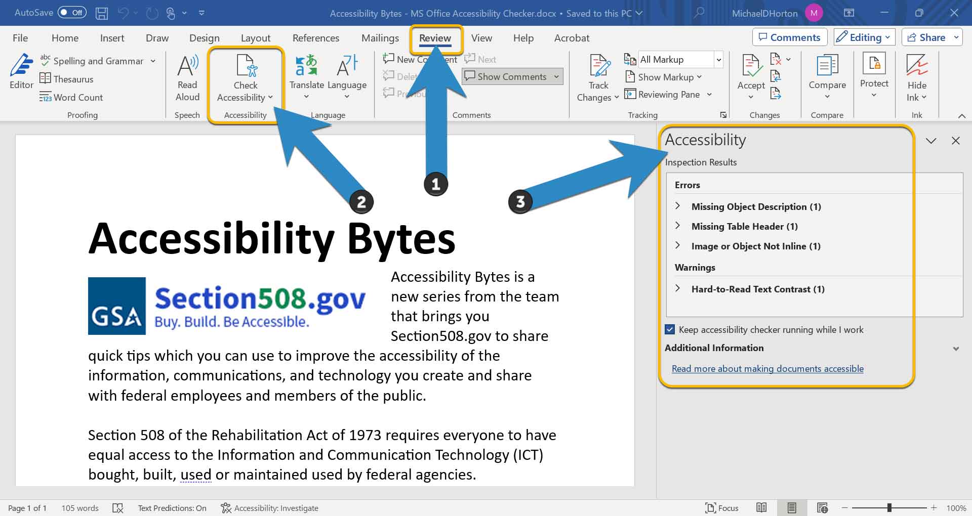 Microsoft Word document highlighting the Review ribbon, Check Accessibility button, and the Accessibility panel.