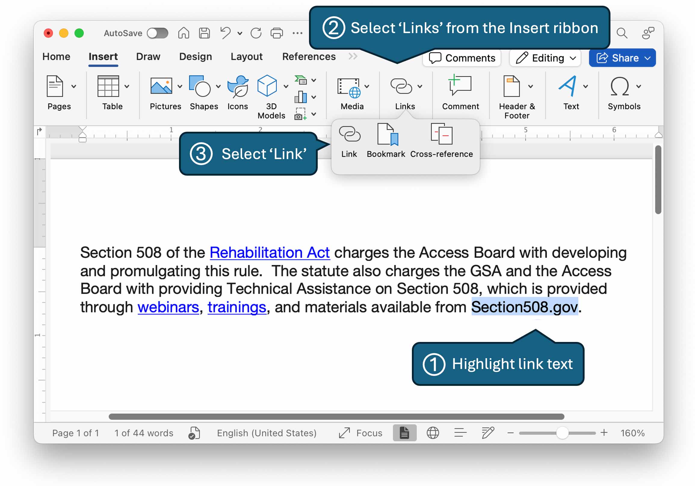 Document containing sample text with 'Section508.gov' highlighted (Step 1), and arrows pointing to the Links ribbon menu (Step 2), and Link context menus (Step 3).