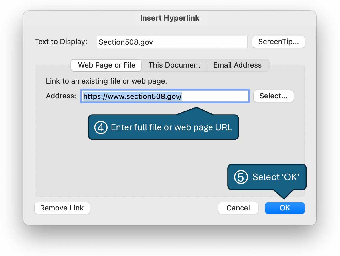 Insert Hyperlink dialog box with Text to Display set to Section508.gov, (Step 4) Web Page or File Address set to https://www.section508.gov, and (Step 5) select OK button.