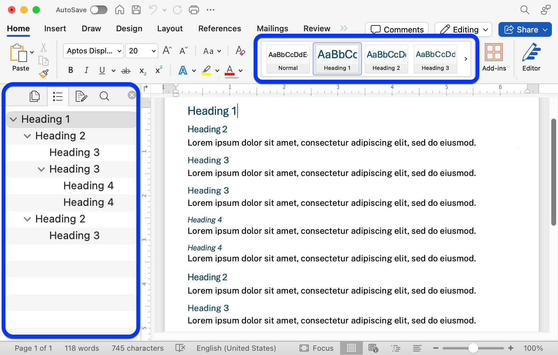 Screenshot of an MS Word document with placeholder headings with text and highlighting the styles Normal, Heading 1, Heading 2, and Heading 3 in the Styles Pane, and the Document Map displaying the structure of the example text that has a structured order of Heading 1, Heading 2, Heading 3, Heading 3, Heading 4, Heading 4, Heading 3 and Heading 3.