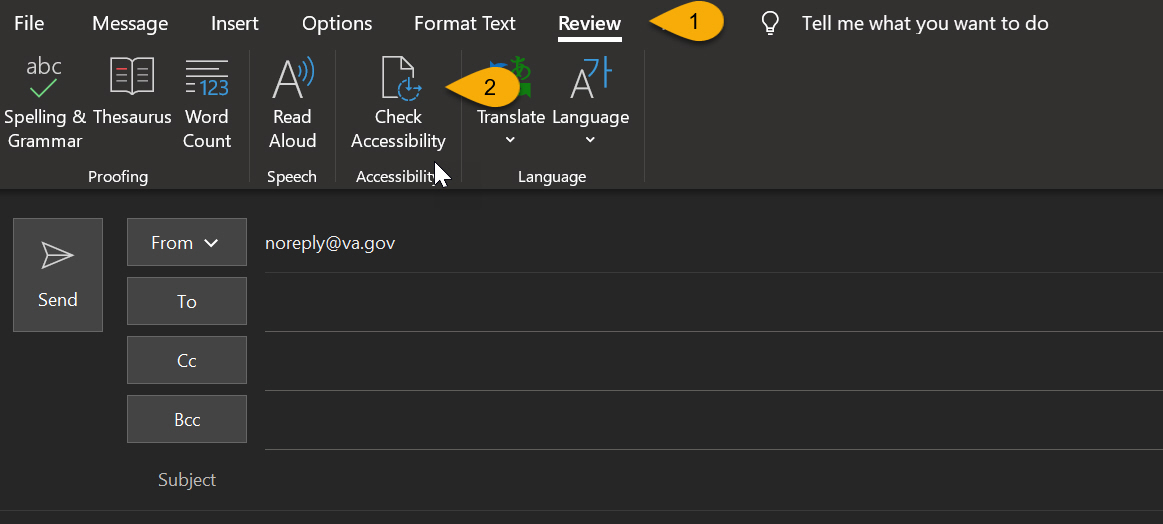 Outlook application message interface with arrows highlighting instructions 1 and 2 described below.