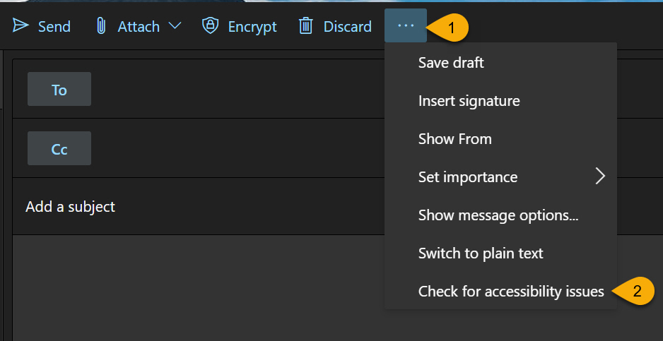 Outlook online message interface with arrows highlighting instructions 1 and 2 described below.