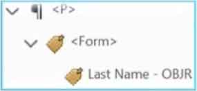 Screenshot of the tags panel showing the 'P' tag, with its paragraph symbol (¶), as the parent element to a 'Forms' tag, which is the parent element to a 'Last Name - OBJR' tag, each with a tag symbol.