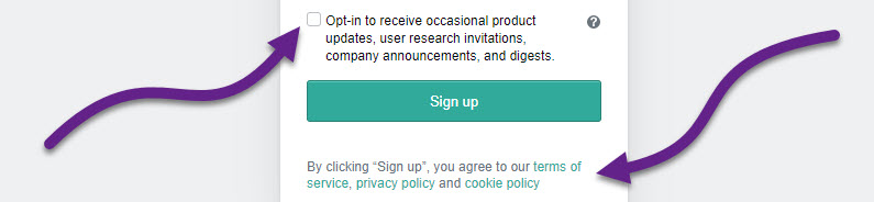 Website login screen with a checkbox to opt into receiving occasional announcements, and notice that you are agreeing to website policies upon selecting "Sign Up"